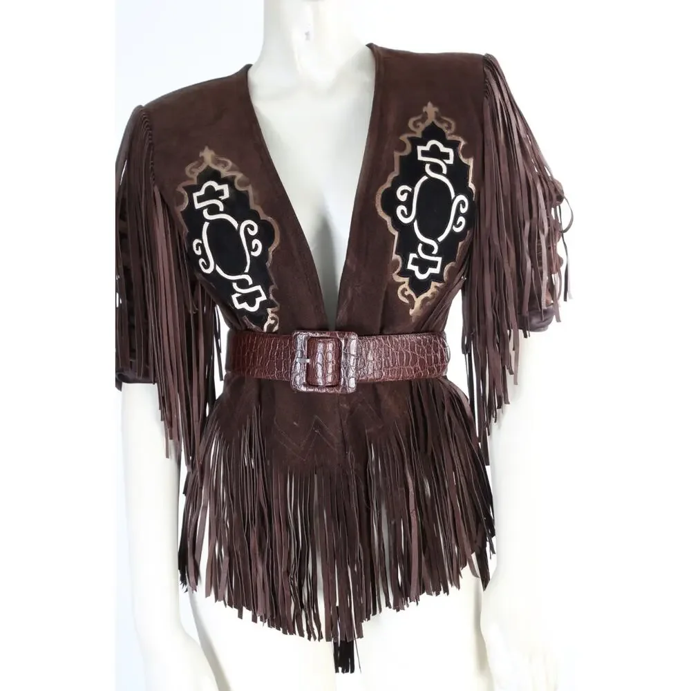 Vintage Brown Suede Fringe Western Jacket XS Boho Embroidered Statement Piece - Picture 1 of 16
